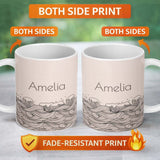 Personalized Custom Name Soft Beige Ocean Wave Line Art Seamless Pattern Name Cute Unique 11oz Ceramic Coffee Tea Mug White Large Handle