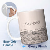 Personalized Custom Name Soft Beige Ocean Wave Line Art Seamless Pattern Name Cute Unique 11oz Ceramic Coffee Tea Mug White Large Handle