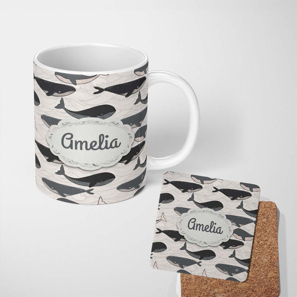 Personalized Custom Name Cute Whale Ocean Waves Seamless Pattern Name Unique Gift Lovely 11oz Ceramic Coffee Tea Mug White Large Handle