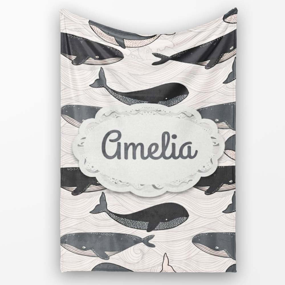 Cute Whale Ocean Waves Seamless Pattern Name Unique Gift Lovely  Personalised Custom Name Super Soft Fleece Blanket Bed Sofa Throw