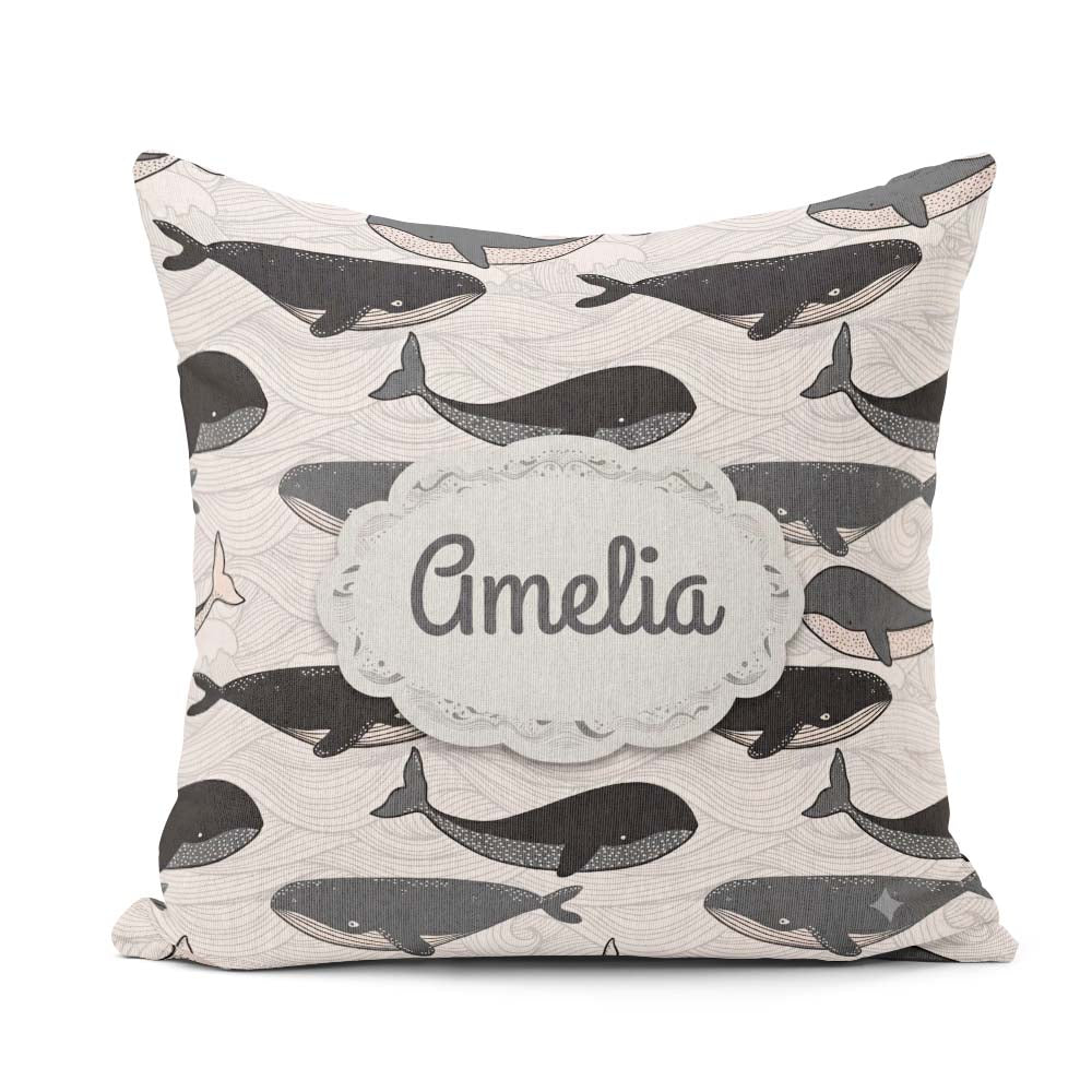 Custom Name Cute Whale Ocean Waves Seamless Pattern Name Unique Square Filled Cushion Throw Pillow Sofa Bed Home Decor Zip Washable UK Made