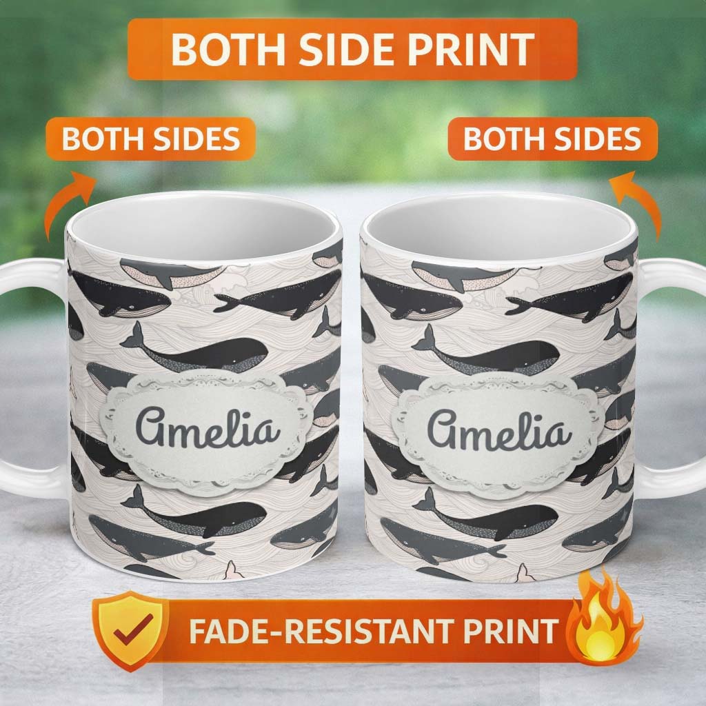 Personalized Custom Name Cute Whale Ocean Waves Seamless Pattern Name Unique Gift Lovely 11oz Ceramic Coffee Tea Mug White Large Handle