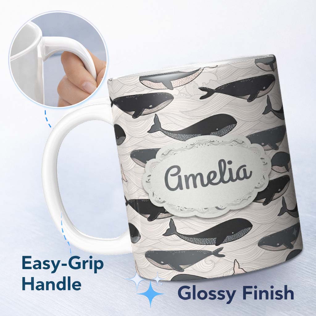 Personalized Custom Name Cute Whale Ocean Waves Seamless Pattern Name Unique Gift Lovely 11oz Ceramic Coffee Tea Mug White Large Handle