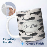 Personalized Custom Name Cute Whale Ocean Waves Seamless Pattern Name Unique Gift Lovely 11oz Ceramic Coffee Tea Mug White Large Handle