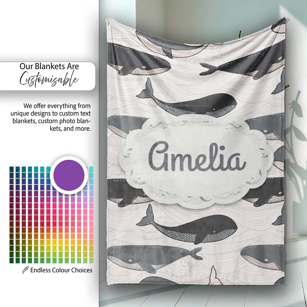 Cute Whale Ocean Waves Seamless Pattern Name Unique Gift Lovely  Personalised Custom Name Super Soft Fleece Blanket Bed Sofa Throw