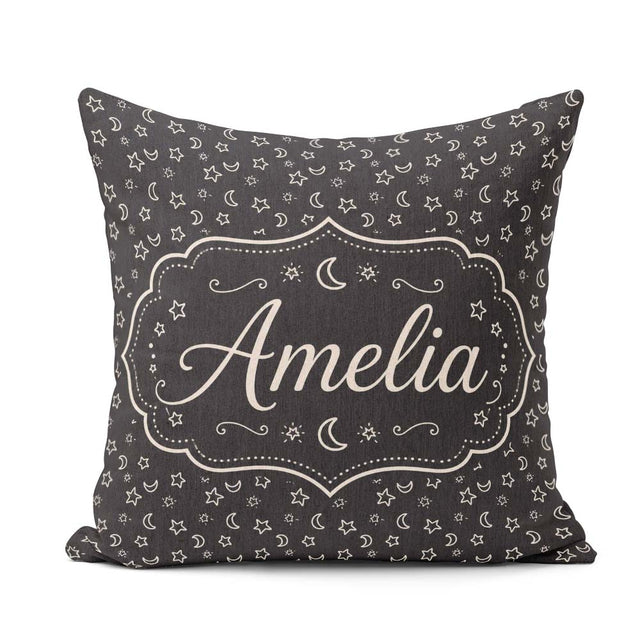 Custom Name Dark Night Sky Stars And Crescent Moon Seamless Name Square Filled Cushion Throw Pillow Sofa Bed Home Decor Zip Washable UK Made