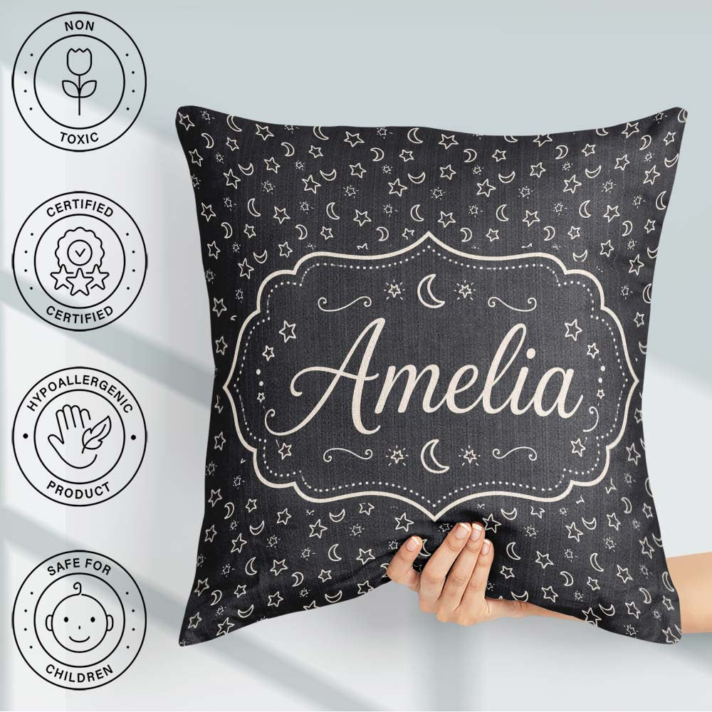 Custom Name Dark Night Sky Stars And Crescent Moon Seamless Name Square Filled Cushion Throw Pillow Sofa Bed Home Decor Zip Washable UK Made