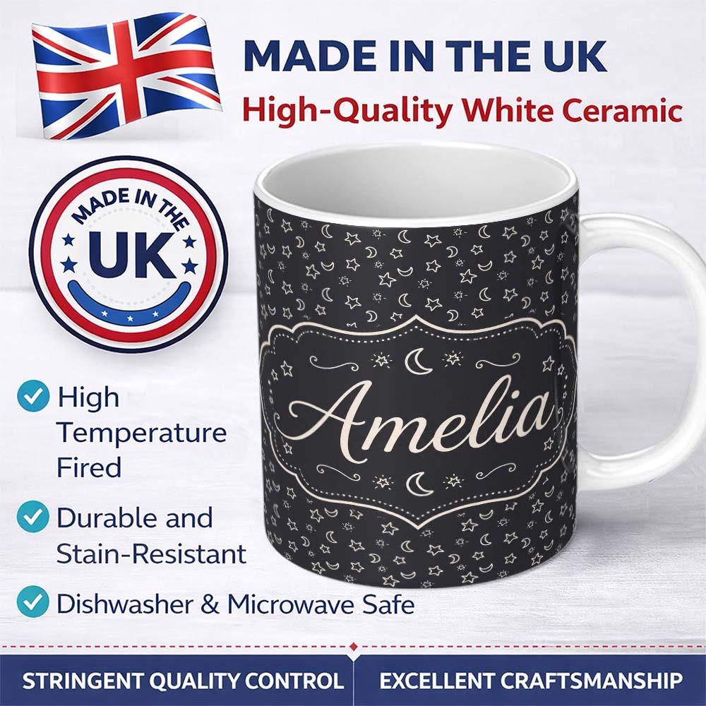 Personalized Custom Name Dark Night Sky Stars And Crescent Moon Seamless Pattern Name Cute 11oz Ceramic Coffee Tea Mug White Large Handle