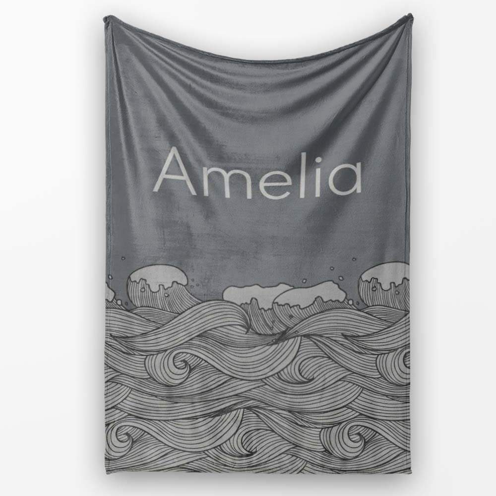 Minimal Ocean Wave Line Art On Grey Background Seamless Pattern  Personalised Custom Name Super Soft Fleece Blanket Bed Sofa Throw