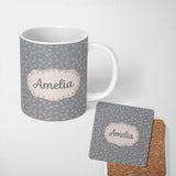 Personalized Custom Name Soft Grey Stars And Crescent Moon Seamless Pattern Name Cute Unique 11oz Ceramic Coffee Tea Mug White Large Handle