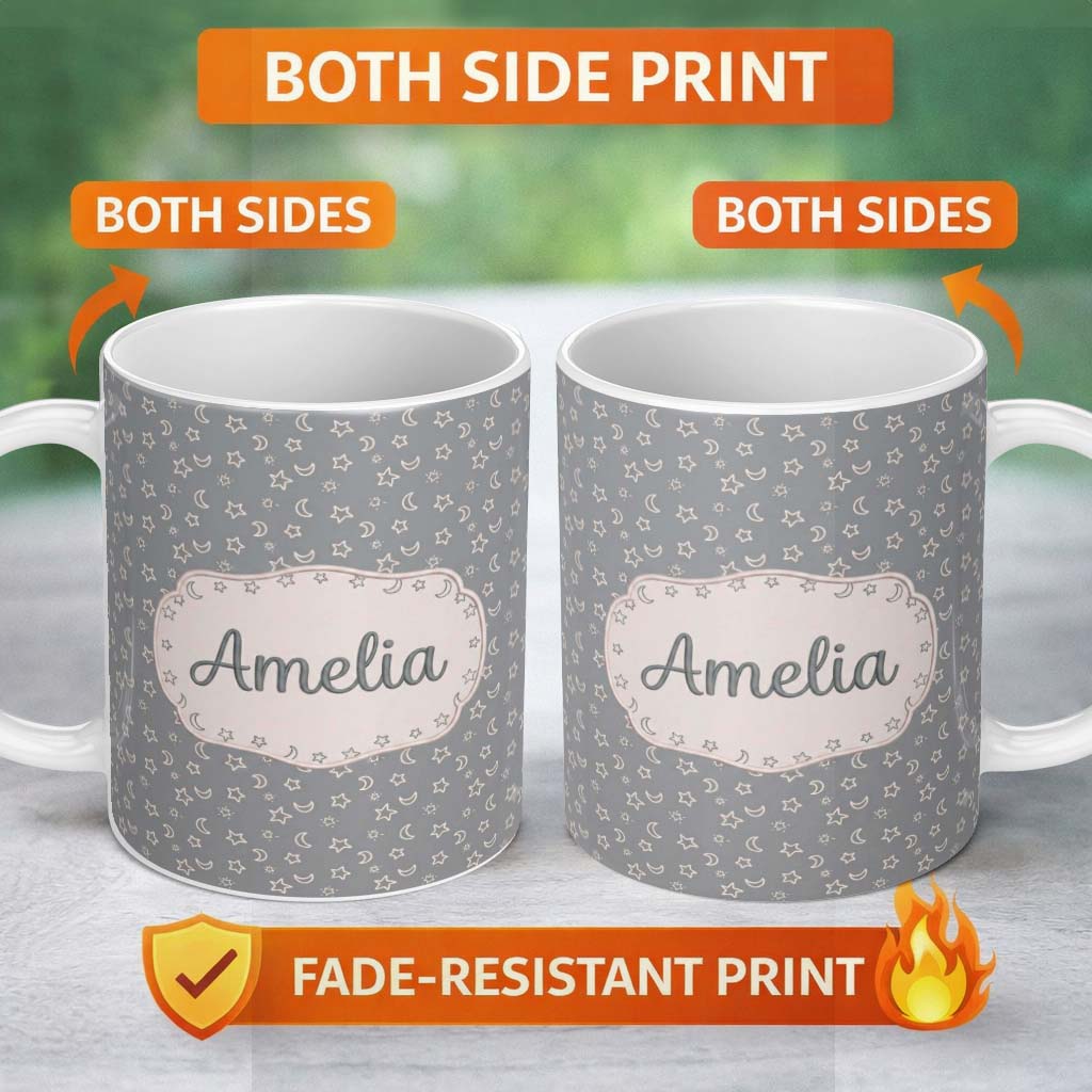 Personalized Custom Name Soft Grey Stars And Crescent Moon Seamless Pattern Name Cute Unique 11oz Ceramic Coffee Tea Mug White Large Handle