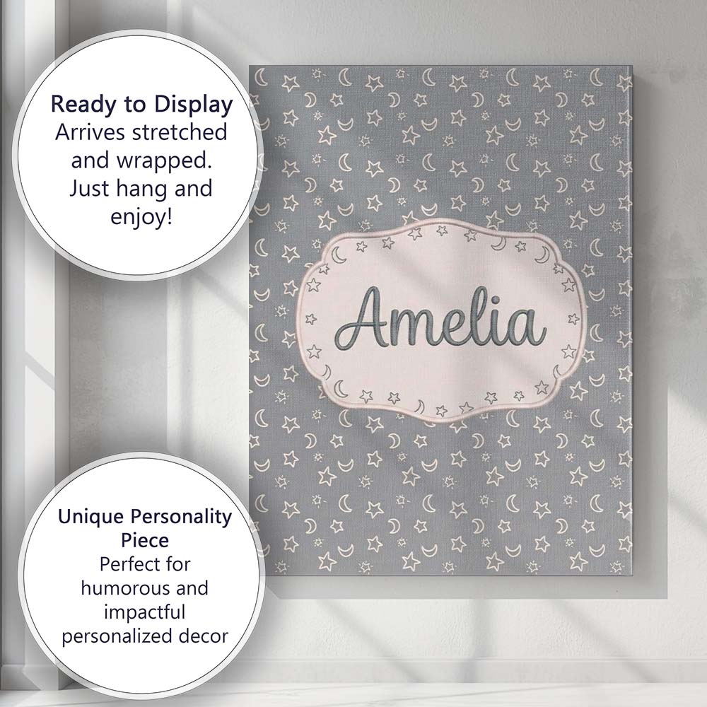 Personalised Name Soft Grey Stars And Custom Modern Room Accent Creative Decorator Style Canvas Wall Art Print Decor Picture Ready to Hang