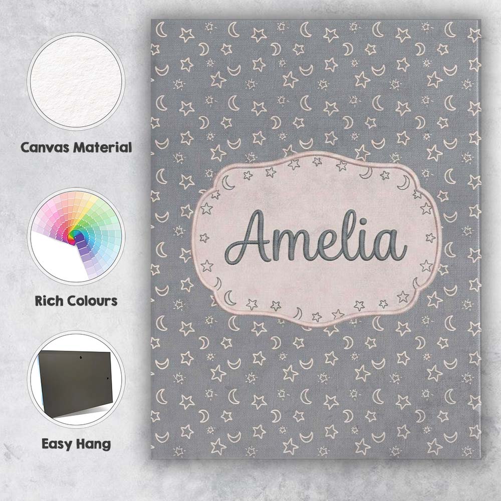 Personalised Name Soft Grey Stars And Custom Modern Room Accent Creative Decorator Style Canvas Wall Art Print Decor Picture Ready to Hang