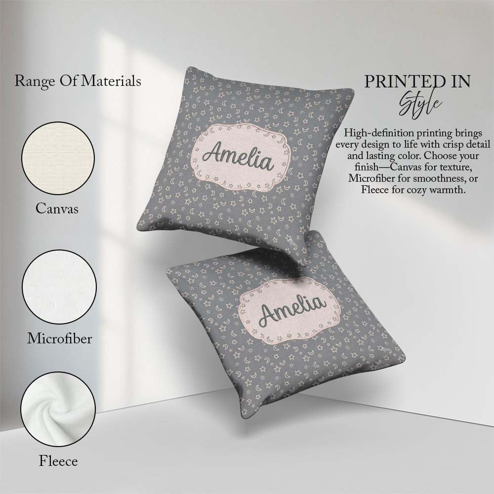 Custom Name Soft Grey Stars And Crescent Moon Seamless Name Cute Square Filled Cushion Throw Pillow Sofa Bed Home Decor Zip Washable UK Made