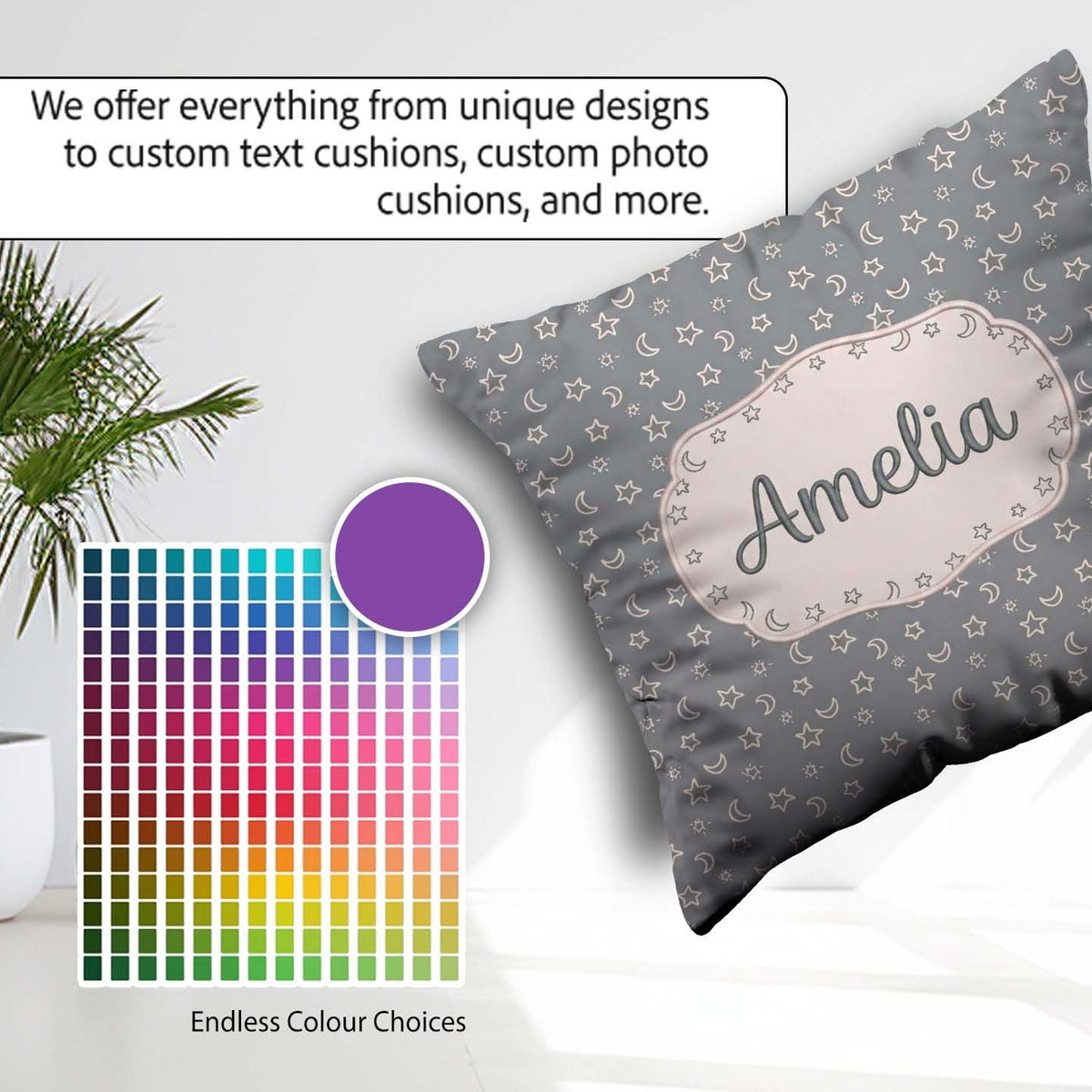 Custom Name Soft Grey Stars And Crescent Moon Seamless Name Cute Square Filled Cushion Throw Pillow Sofa Bed Home Decor Zip Washable UK Made