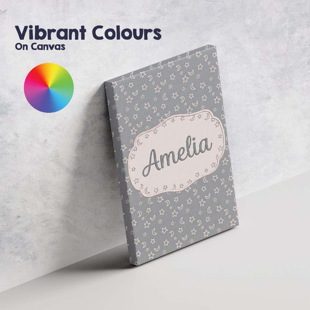 Personalised Name Soft Grey Stars And Custom Modern Room Accent Creative Decorator Style Canvas Wall Art Print Decor Picture Ready to Hang