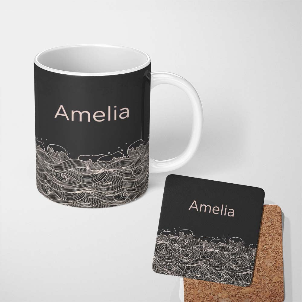 Personalized Custom Name Dark Background Ocean Wave Line Art Seamless Pattern Name Cute 11oz Ceramic Coffee Tea Mug White Large Handle