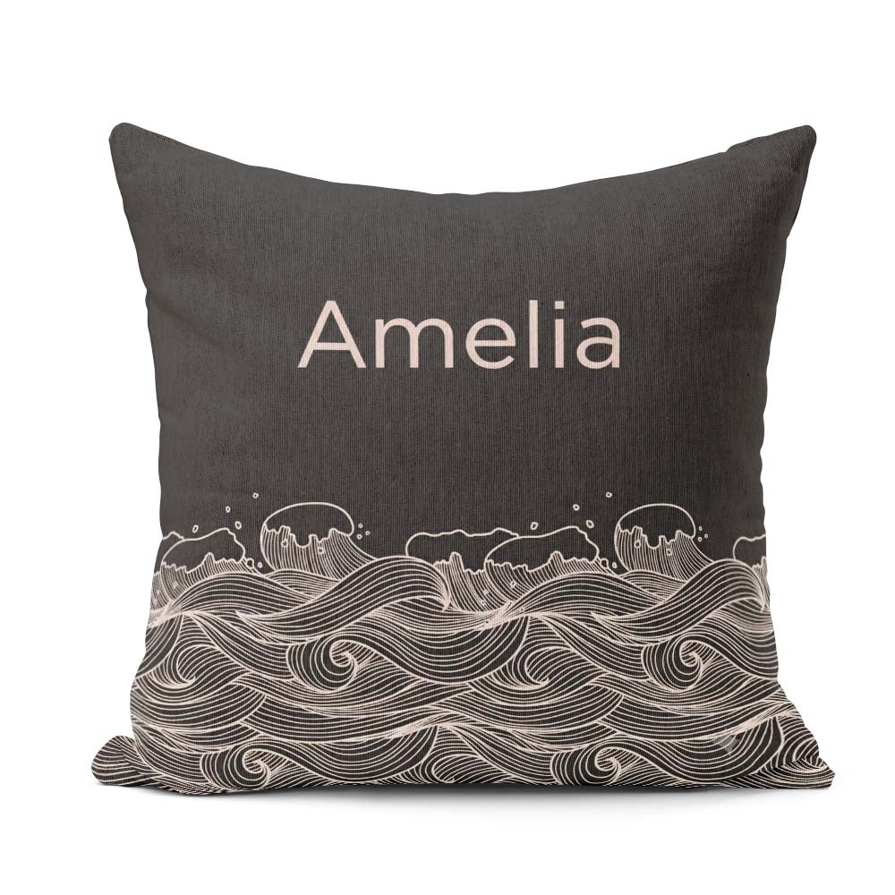 Custom Name Dark Ocean Wave Line Art Seamless Pattern Name Cute Square Filled Cushion Throw Pillow Sofa Bed Home Decor Zip Washable UK Made