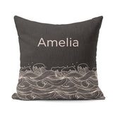 Custom Name Dark Ocean Wave Line Art Seamless Pattern Name Cute Square Filled Cushion Throw Pillow Sofa Bed Home Decor Zip Washable UK Made