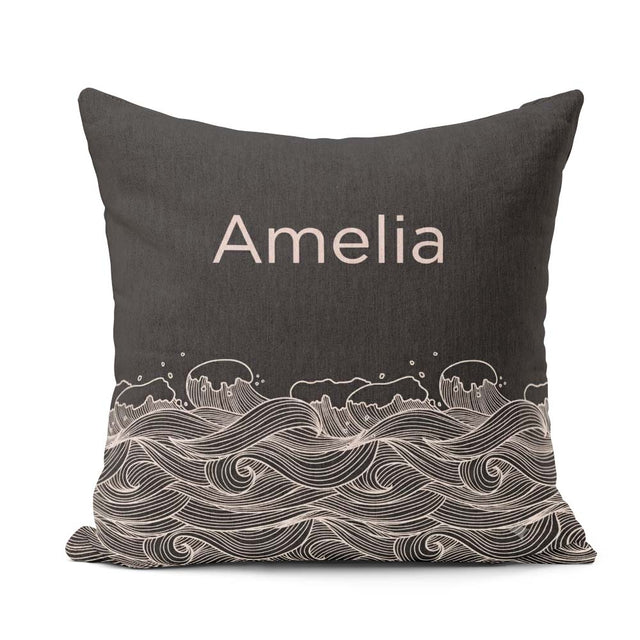 Custom Name Dark Ocean Wave Line Art Seamless Pattern Name Cute Square Filled Cushion Throw Pillow Sofa Bed Home Decor Zip Washable UK Made