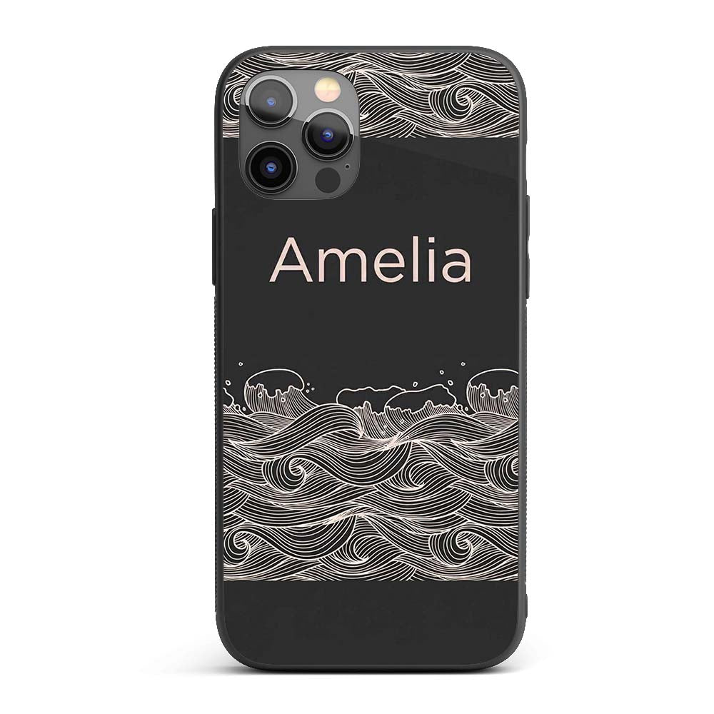 Dark Background Ocean Wave Line Art Seamless Custom Name Protective Phone Case Mobile Cover Durable Everyday Smartphone Shock Resistant