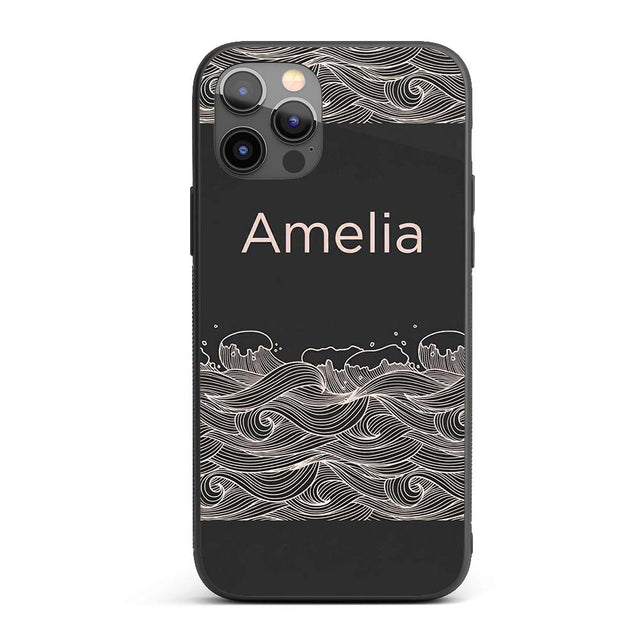 Dark Background Ocean Wave Line Art Seamless Custom Name Protective Phone Case Mobile Cover Durable Everyday Smartphone Shock Resistant