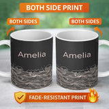 Personalized Custom Name Dark Background Ocean Wave Line Art Seamless Pattern Name Cute 11oz Ceramic Coffee Tea Mug White Large Handle
