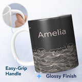 Personalized Custom Name Dark Background Ocean Wave Line Art Seamless Pattern Name Cute 11oz Ceramic Coffee Tea Mug White Large Handle