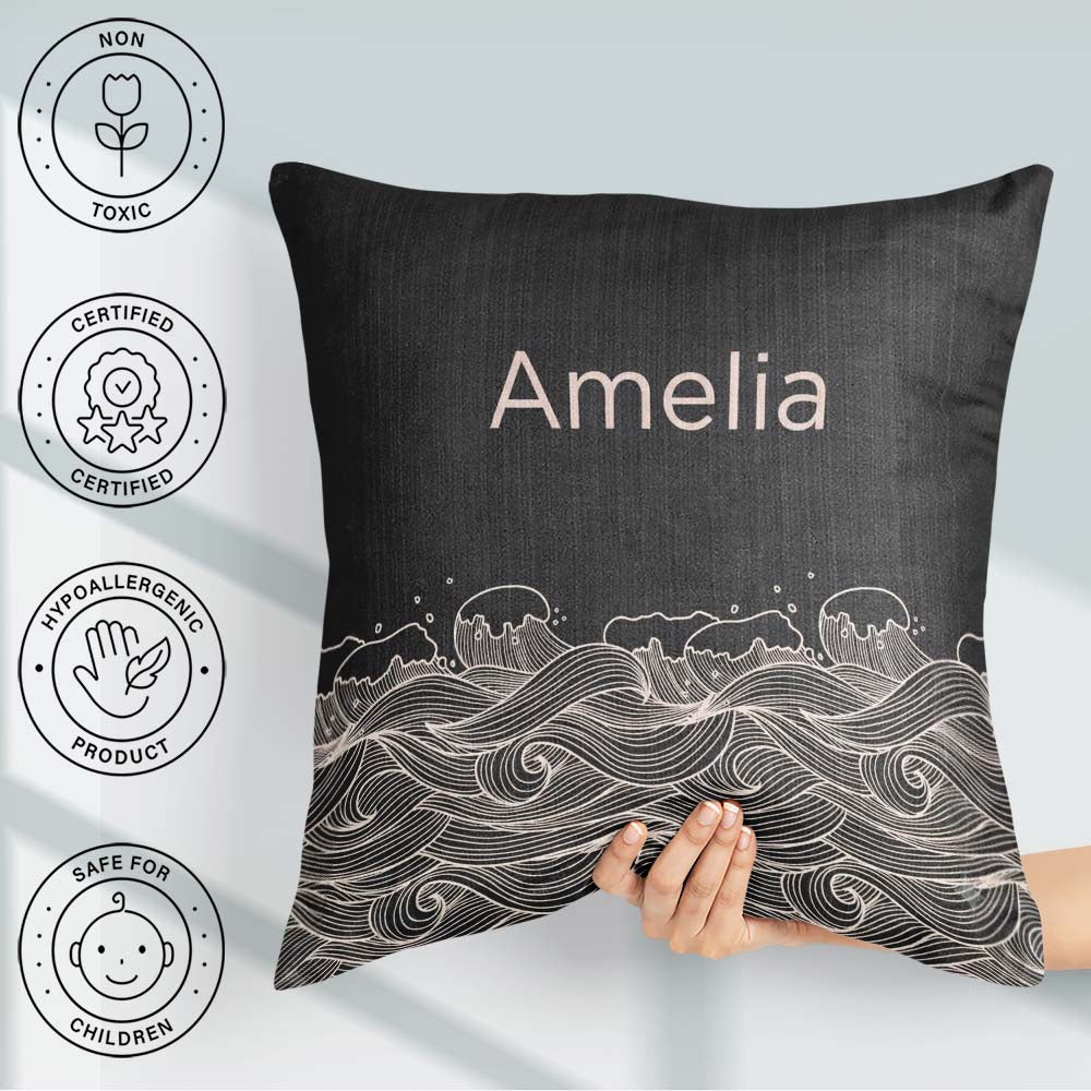 Custom Name Dark Ocean Wave Line Art Seamless Pattern Name Cute Square Filled Cushion Throw Pillow Sofa Bed Home Decor Zip Washable UK Made