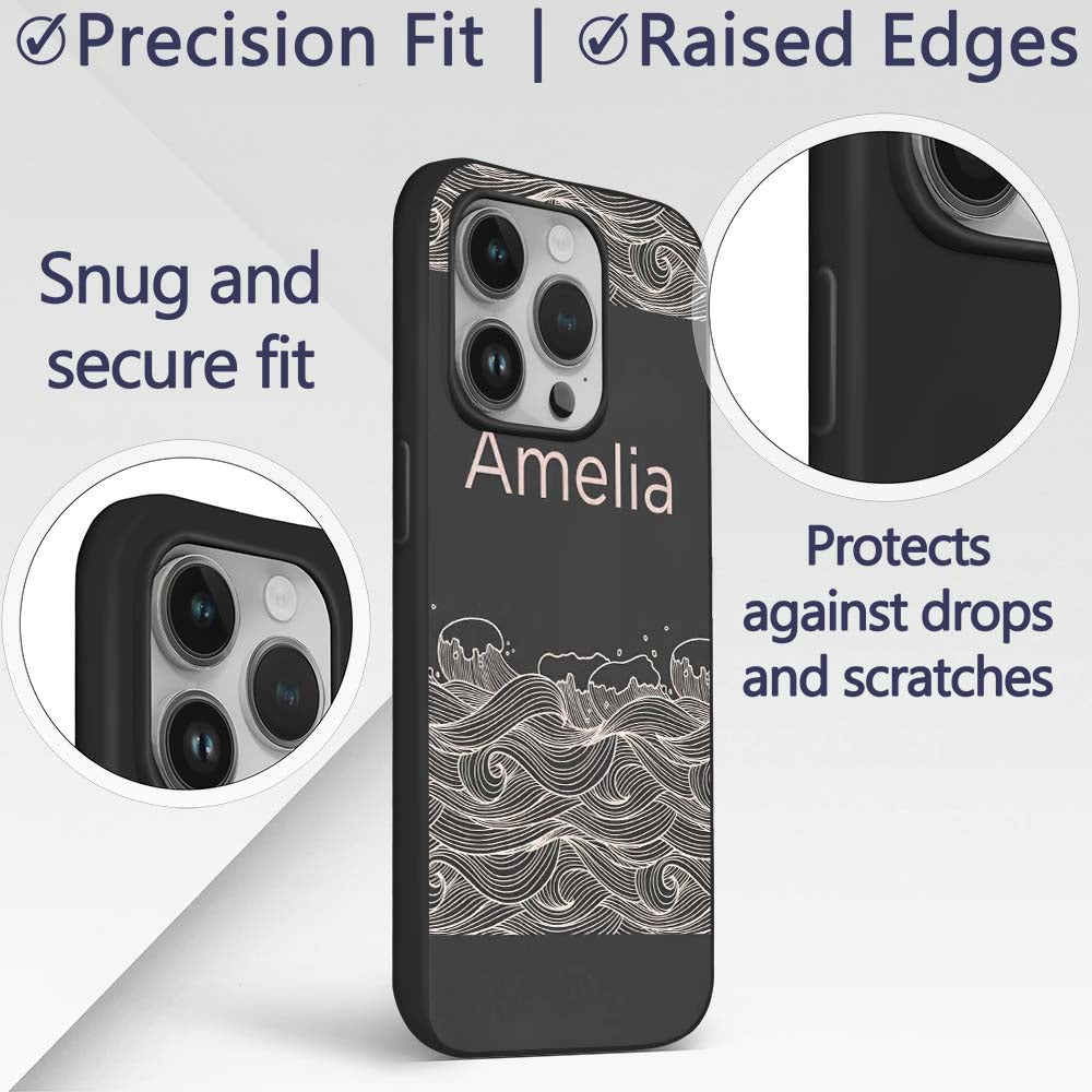 Dark Background Ocean Wave Line Art Seamless Custom Name Protective Phone Case Mobile Cover Durable Everyday Smartphone Shock Resistant