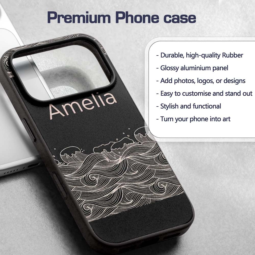 Dark Background Ocean Wave Line Art Seamless Custom Name Protective Phone Case Mobile Cover Durable Everyday Smartphone Shock Resistant