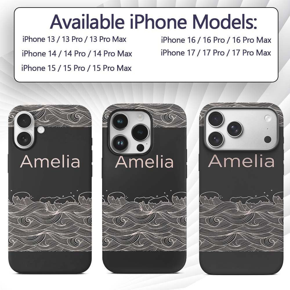 Dark Background Ocean Wave Line Art Seamless Custom Name Protective Phone Case Mobile Cover Durable Everyday Smartphone Shock Resistant
