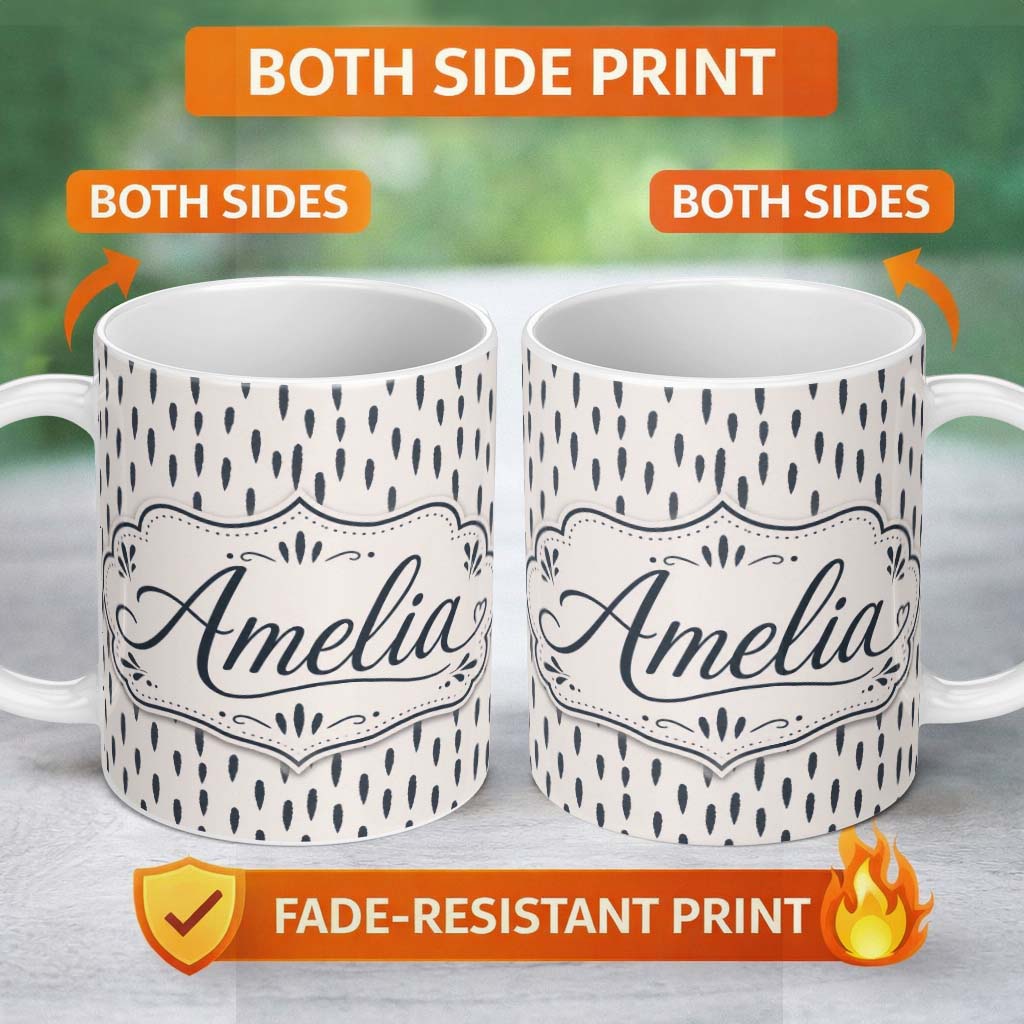 Personalized Custom Name Neutral Abstract Brush Stroke Pattern Seamless Name Cute Unique Gift 11oz Ceramic Coffee Tea Mug White Large Handle