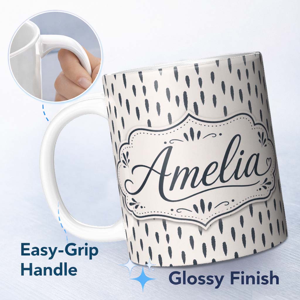 Personalized Custom Name Neutral Abstract Brush Stroke Pattern Seamless Name Cute Unique Gift 11oz Ceramic Coffee Tea Mug White Large Handle