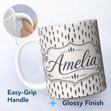 Personalized Custom Name Neutral Abstract Brush Stroke Pattern Seamless Name Cute Unique Gift 11oz Ceramic Coffee Tea Mug White Large Handle