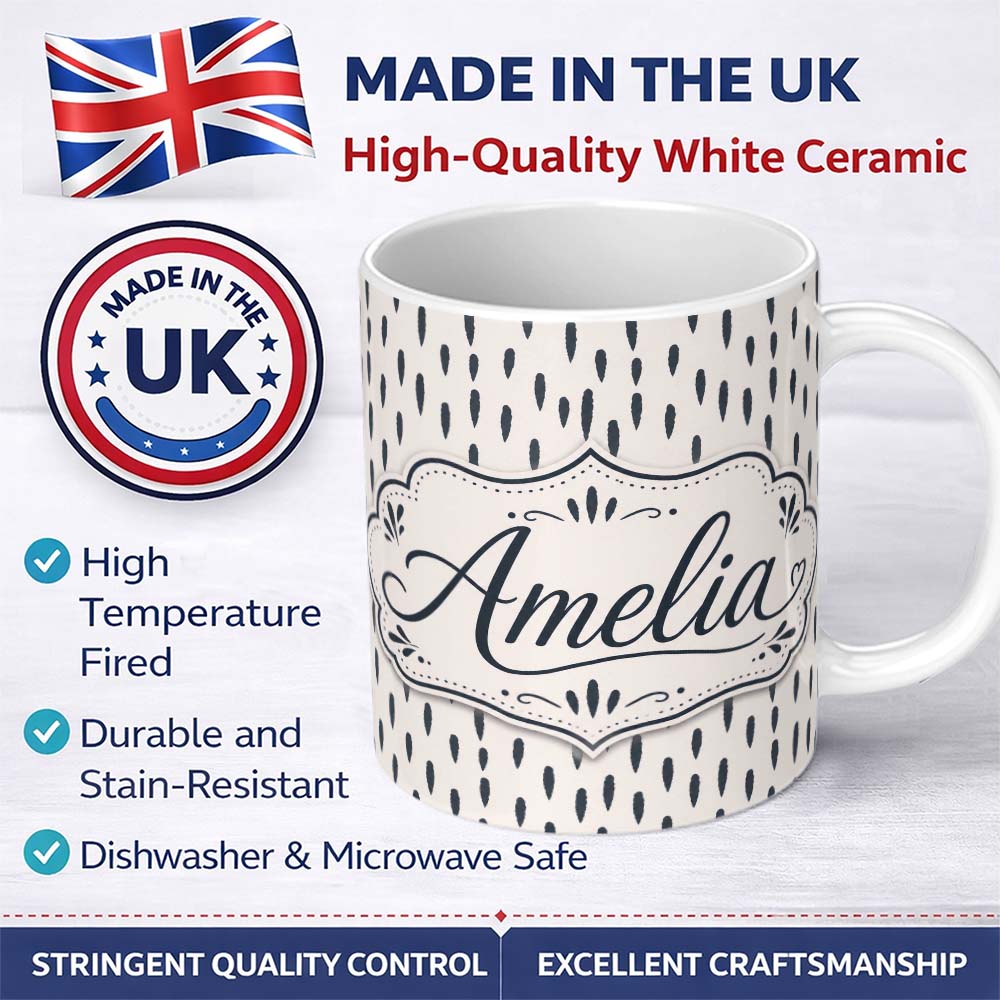 Personalized Custom Name Neutral Abstract Brush Stroke Pattern Seamless Name Cute Unique Gift 11oz Ceramic Coffee Tea Mug White Large Handle