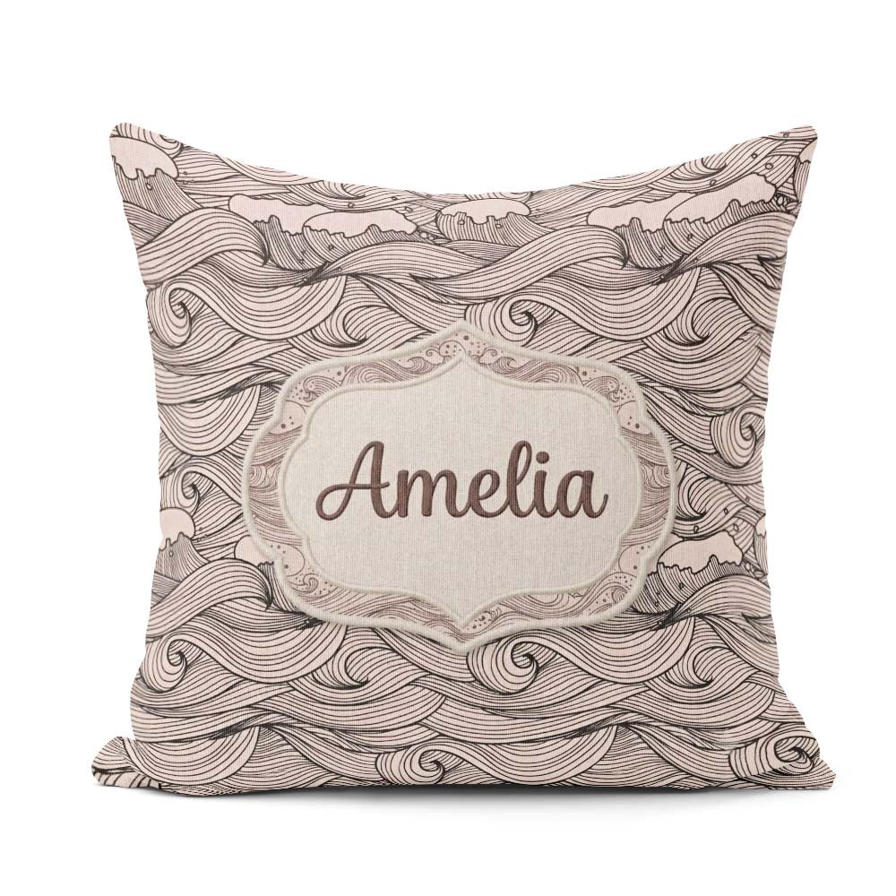 Custom Name Beige Ocean Wave Line Art Seamless Pattern Name Cute Square Filled Cushion Throw Pillow Sofa Bed Home Decor Zip Washable UK Made