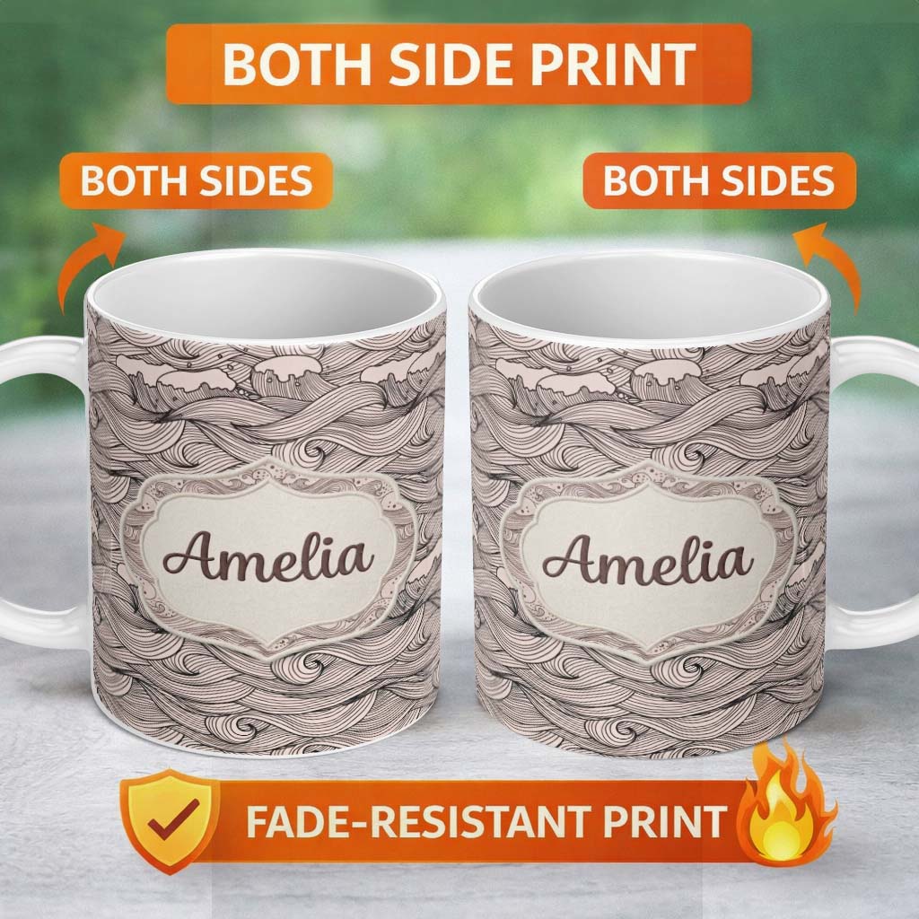 Personalized Custom Name Beige Ocean Wave Line Art Seamless Pattern Name Cute Unique Gift 11oz Ceramic Coffee Tea Mug White Large Handle