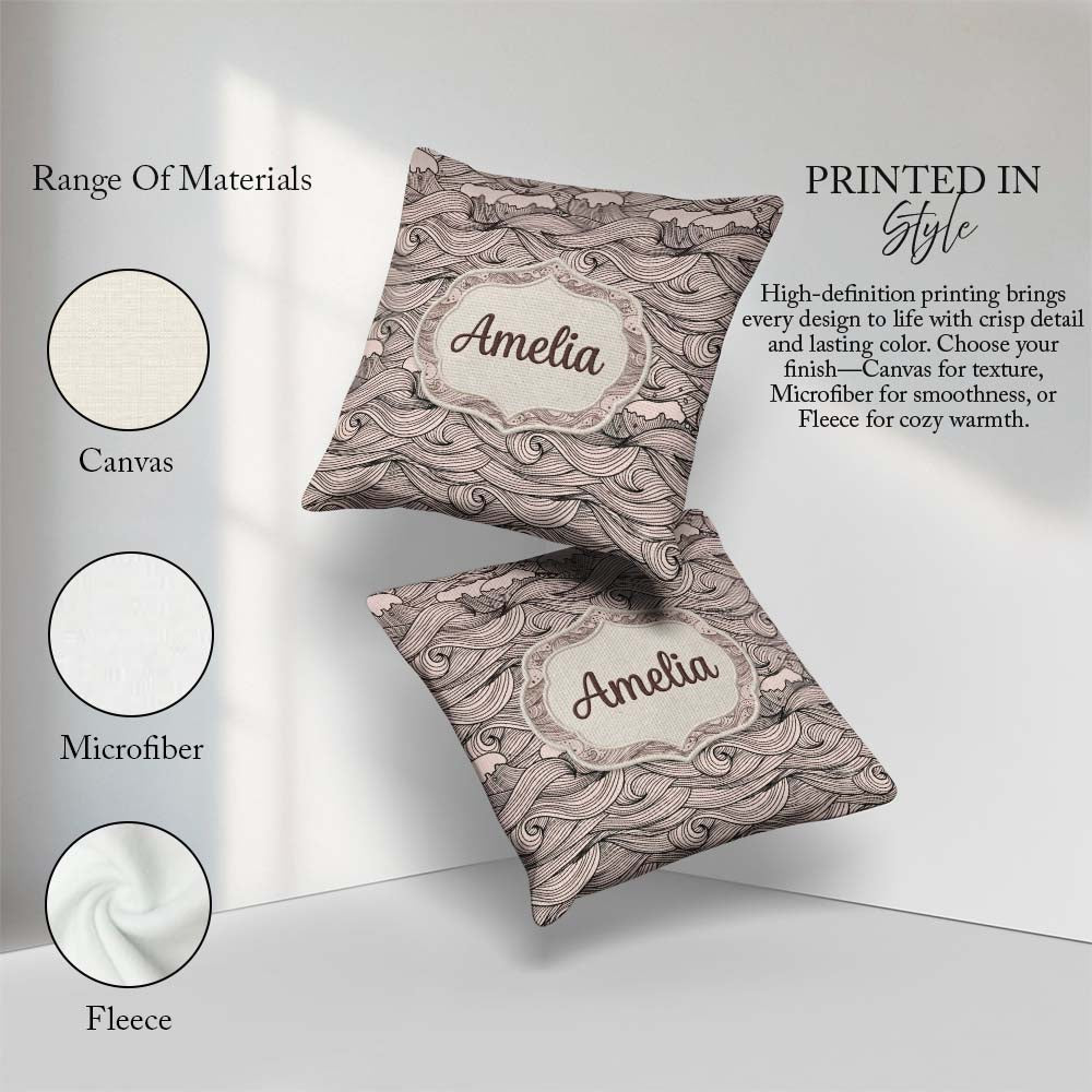 Custom Name Beige Ocean Wave Line Art Seamless Pattern Name Cute Square Filled Cushion Throw Pillow Sofa Bed Home Decor Zip Washable UK Made