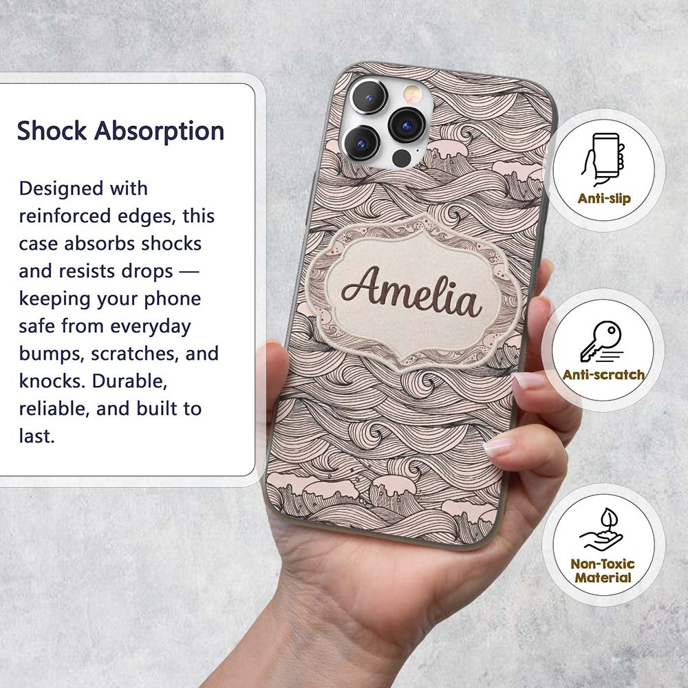 Beige Ocean Wave Line Art Seamless Pattern Name Custom Name Protective Phone Case Mobile Cover Durable Everyday Smartphone Shock Resistant