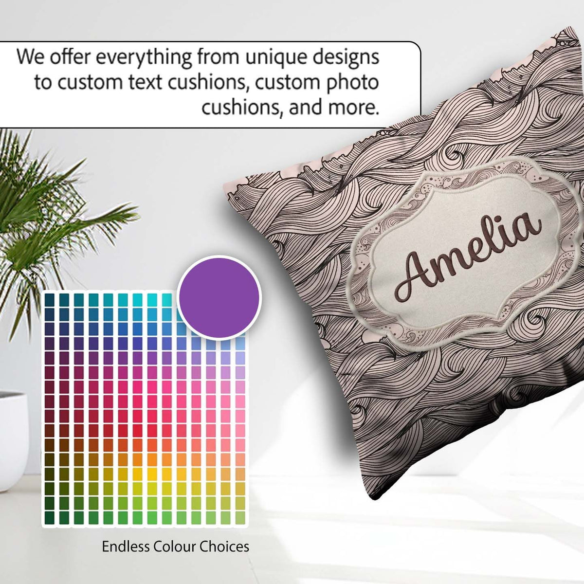 Custom Name Beige Ocean Wave Line Art Seamless Pattern Name Cute Square Filled Cushion Throw Pillow Sofa Bed Home Decor Zip Washable UK Made