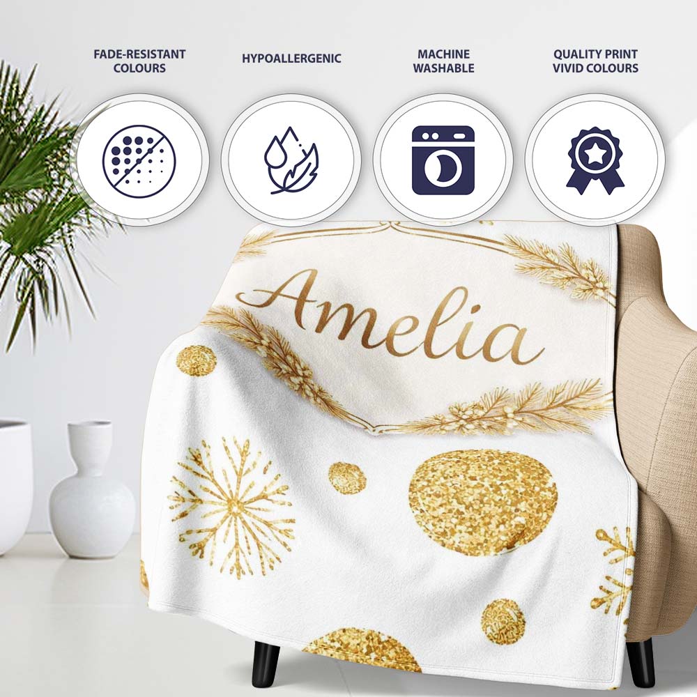 Gold Snowflakes and Glitter Dots Seamless Pattern Cute Unique Gift  Personalised Custom Name Super Soft Fleece Blanket Bed Sofa Throw