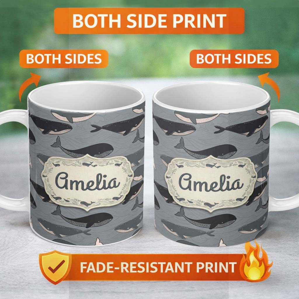 Personalized Custom Name Cute Whale Ocean Pattern With Soft Grey Waves Seamless Name Unique 11oz Ceramic Coffee Tea Mug White Large Handle