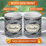 Personalized Custom Name Cute Whale Ocean Pattern With Soft Grey Waves Seamless Name Unique 11oz Ceramic Coffee Tea Mug White Large Handle