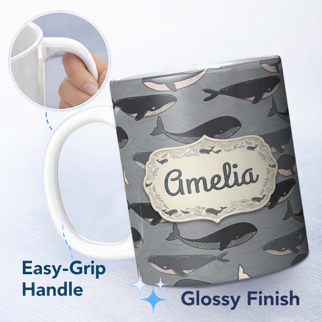 Personalized Custom Name Cute Whale Ocean Pattern With Soft Grey Waves Seamless Name Unique 11oz Ceramic Coffee Tea Mug White Large Handle