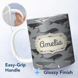 Personalized Custom Name Cute Whale Ocean Pattern With Soft Grey Waves Seamless Name Unique 11oz Ceramic Coffee Tea Mug White Large Handle