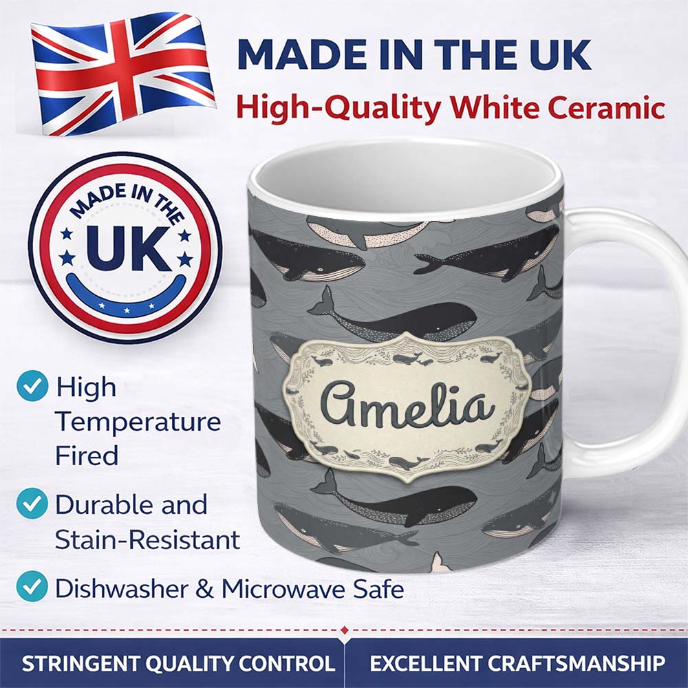 Personalized Custom Name Cute Whale Ocean Pattern With Soft Grey Waves Seamless Name Unique 11oz Ceramic Coffee Tea Mug White Large Handle