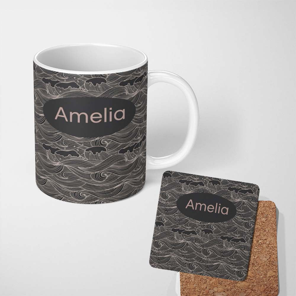 Personalized Custom Name Dark Ocean Waves Line Art Seamless Pattern Name Cute Unique Gift 11oz Ceramic Coffee Tea Mug White Large Handle