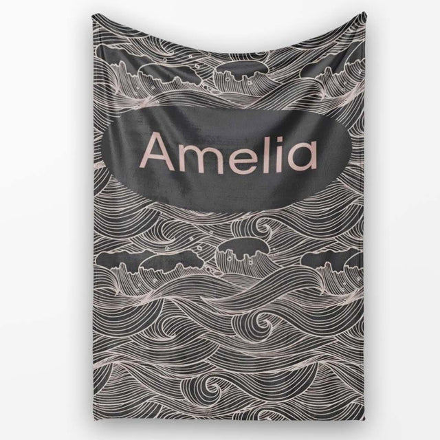 Dark Ocean Waves Line Art Seamless Pattern Name Cute Unique Gift  Personalised Custom Name Super Soft Fleece Blanket Bed Sofa Throw
