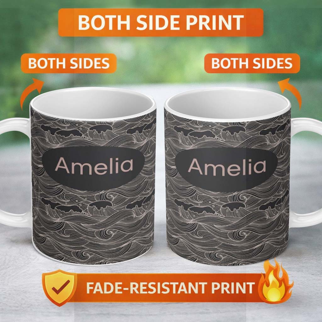 Personalized Custom Name Dark Ocean Waves Line Art Seamless Pattern Name Cute Unique Gift 11oz Ceramic Coffee Tea Mug White Large Handle